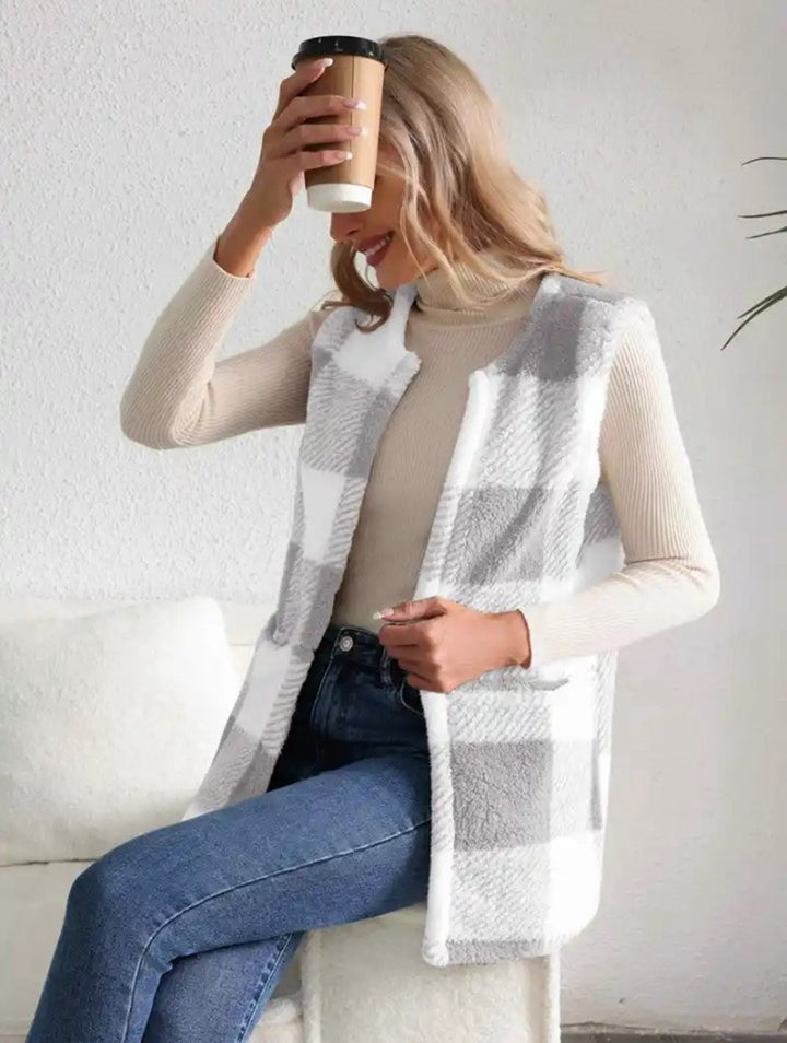 Damen Weicher Plaid-Weste mit seitlichen Taschen und gemütlichem Schnitt Drune