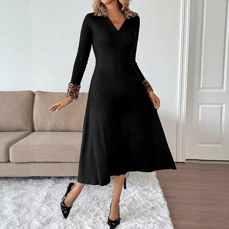 Damen elegantes Maxikleid mit tierischem Kragen und taillierter Silhouette Drune