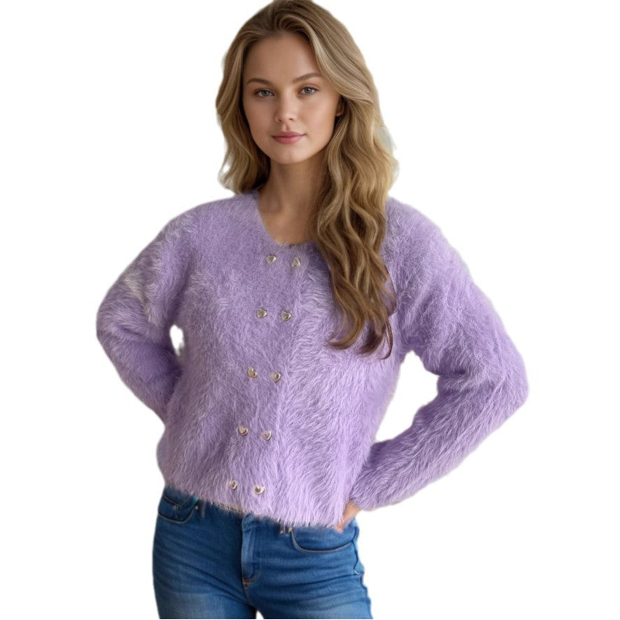 Damen flauschige Strickjacke mit herzförmigen Knöpfen und lockerer Passform Drune