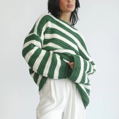 Damen gemütlicher Grobstrickpullover mit modernem Streifenmuster und lässigem Schnitt Drune