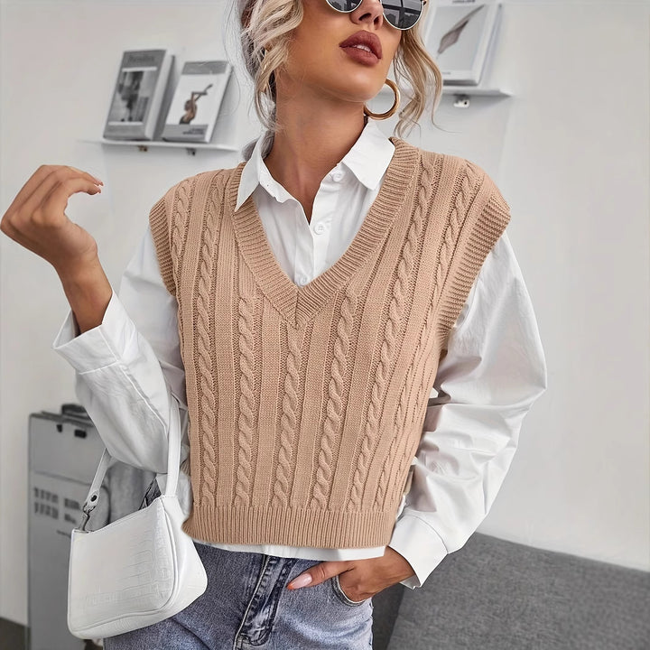 Damen Strickweste mit V-Ausschnitt und Zopfmuster Drune