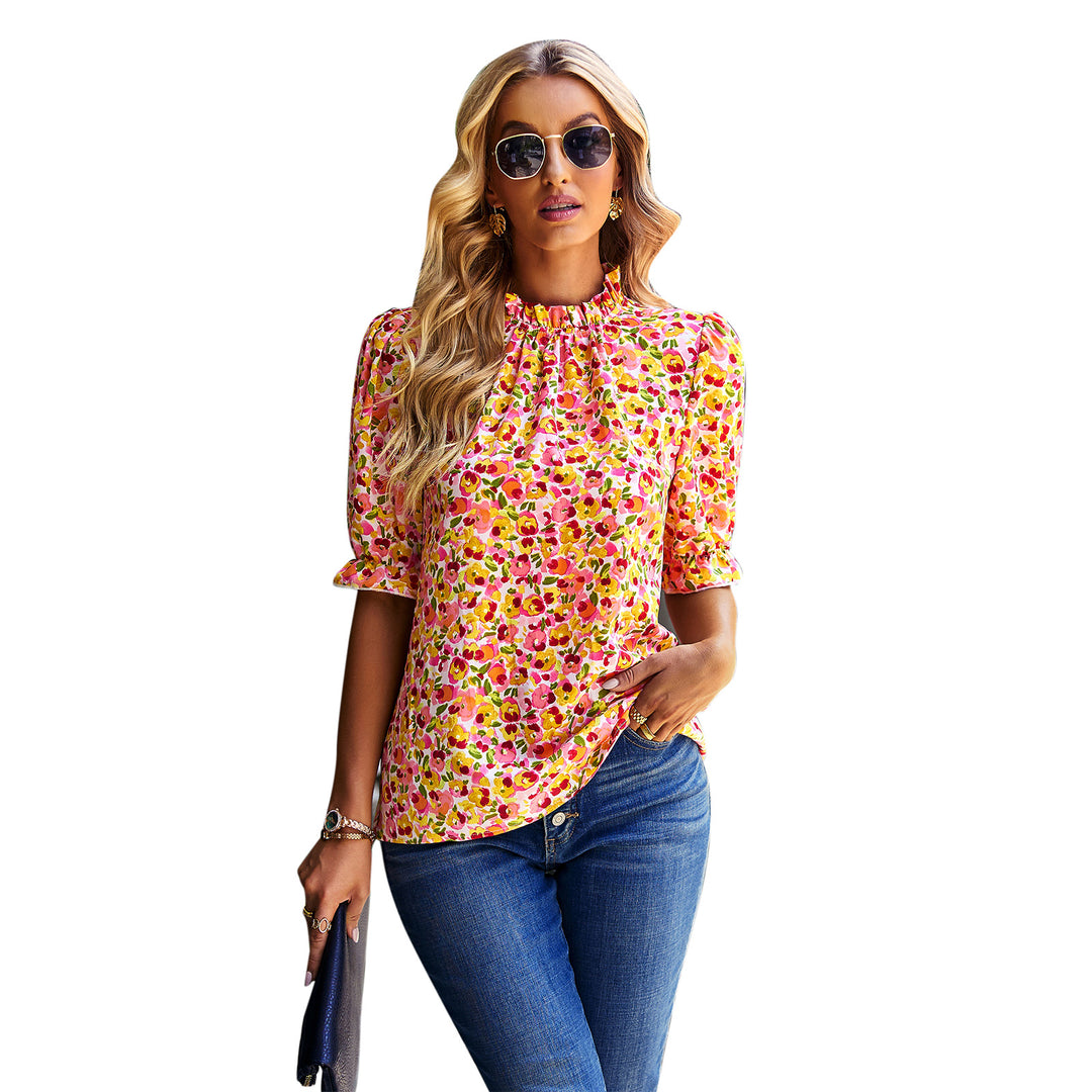 Damen Bluse mit floralem Muster und modernen Puffärmeln Drune