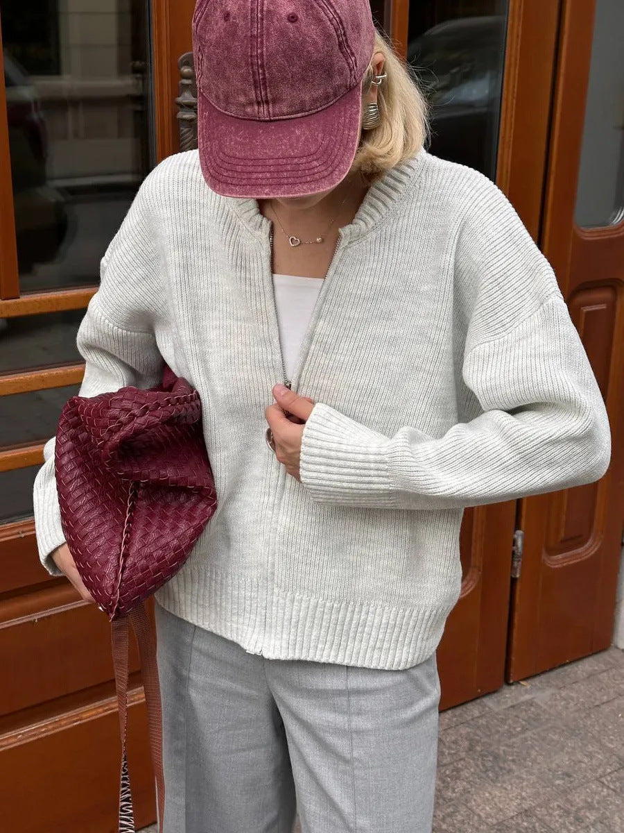 Damen lässiger Strickpullover mit Reißverschluss Drune