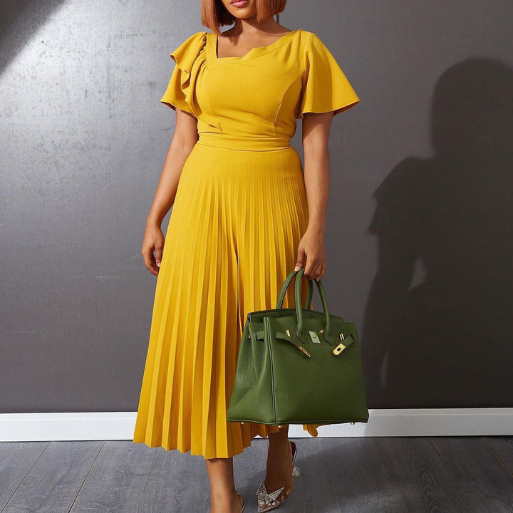 Damen Plisseekleid mit elegantem Rüschendesign und V-Ausschnitt Drune