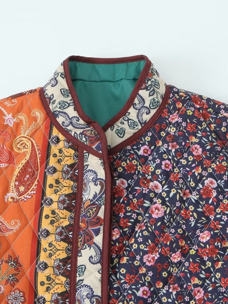 Damen gesteppte Patchworkjacke mit floralem Design und praktischen Taschen Drune
