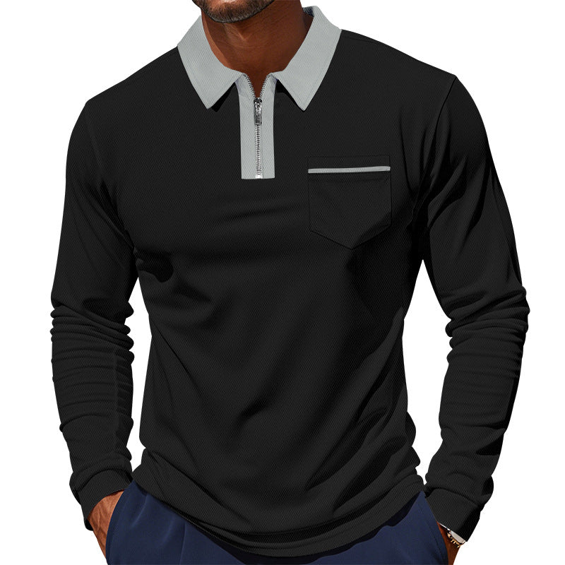 Herren nan langärmeliges Zip-Poloshirt mit Brusttasche und Kontrastkragen Drune