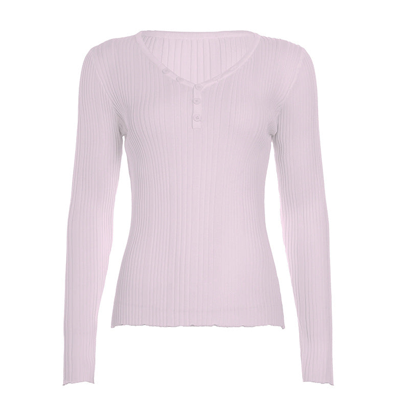 Damen nan feinstrukturierter Rippstrick-Longsleeve mit V-Ausschnitt, Henley-Knopfleiste und taillierter Passform Drune