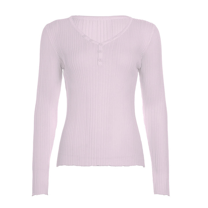 Damen nan feinstrukturierter Rippstrick-Longsleeve mit V-Ausschnitt, Henley-Knopfleiste und taillierter Passform Drune