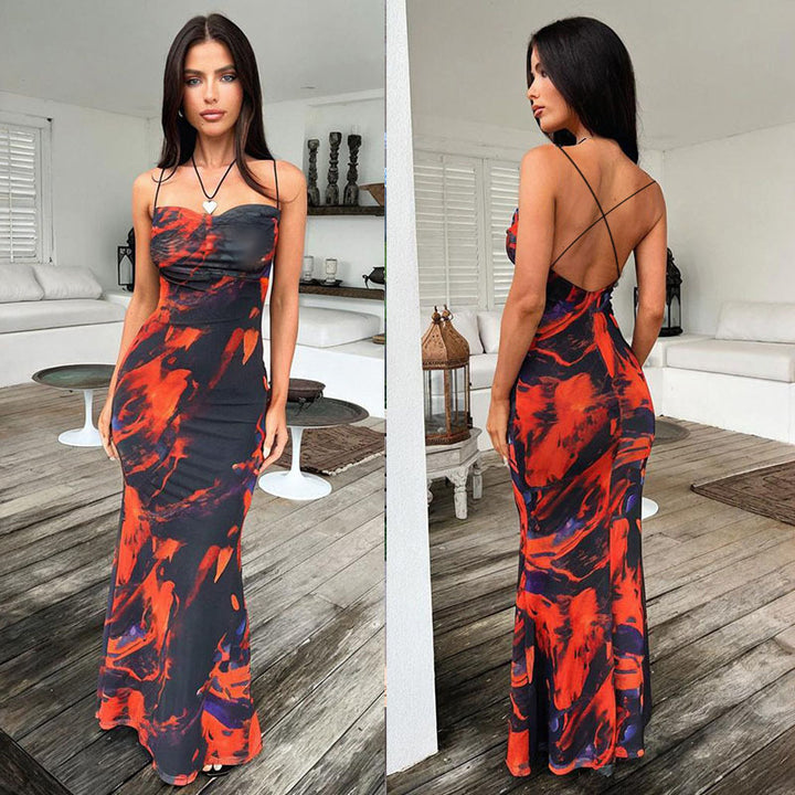 Damen Maxikleid mit elegantem Wasserfarbmuster und schmalen Spaghetti-Trägern Drune