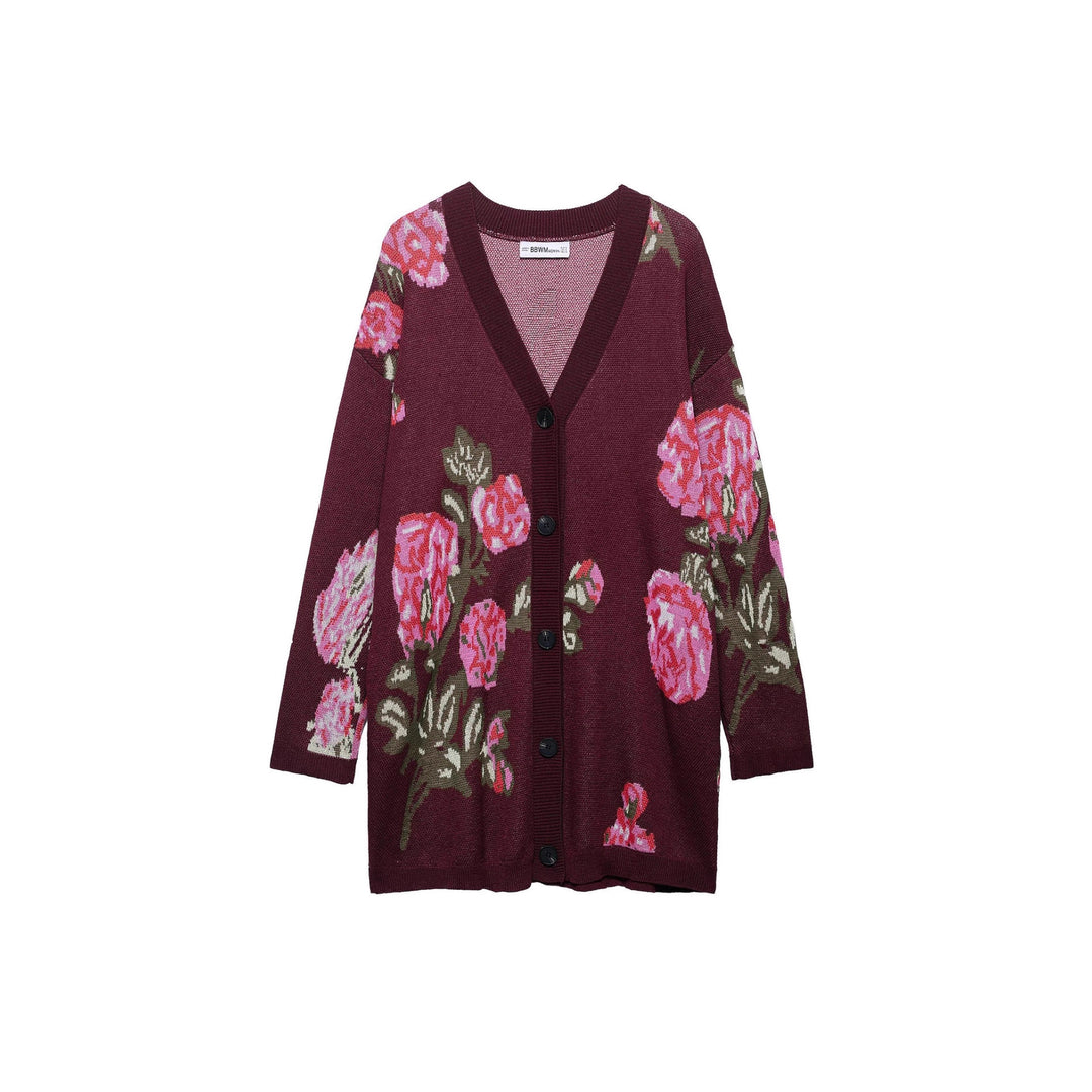 Damen Strickjacke mit floralem Muster und tiefem V-Ausschnitt Drune