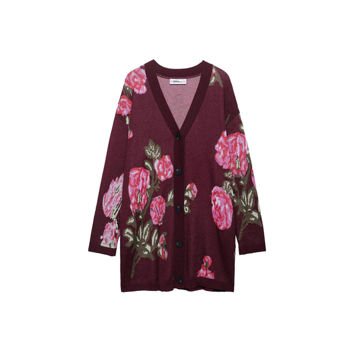 Damen Strickjacke mit floralem Muster und tiefem V-Ausschnitt Drune