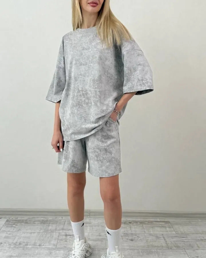 Damen lässiges Kurzarm-Set aus weichem Material mit bequemen Shorts Drune