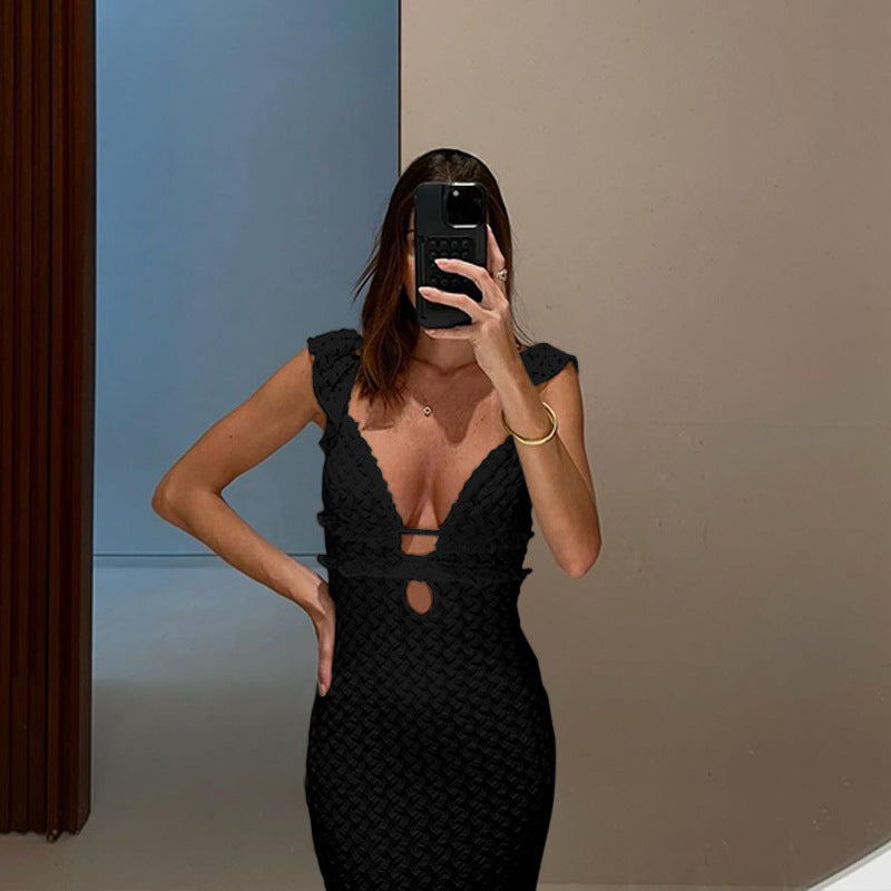 Damen figurbetontes Spitzenkleid mit tiefem V-Ausschnitt und Rüschendetails Drune