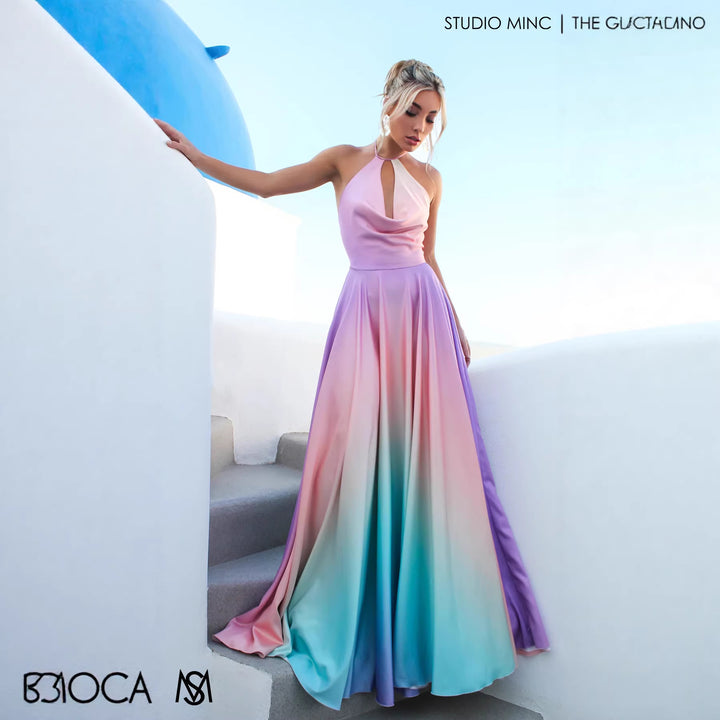 Damen Elegantes Maxikleid mit schickem Halterneck und geschmeidiger Satinoptik Drune