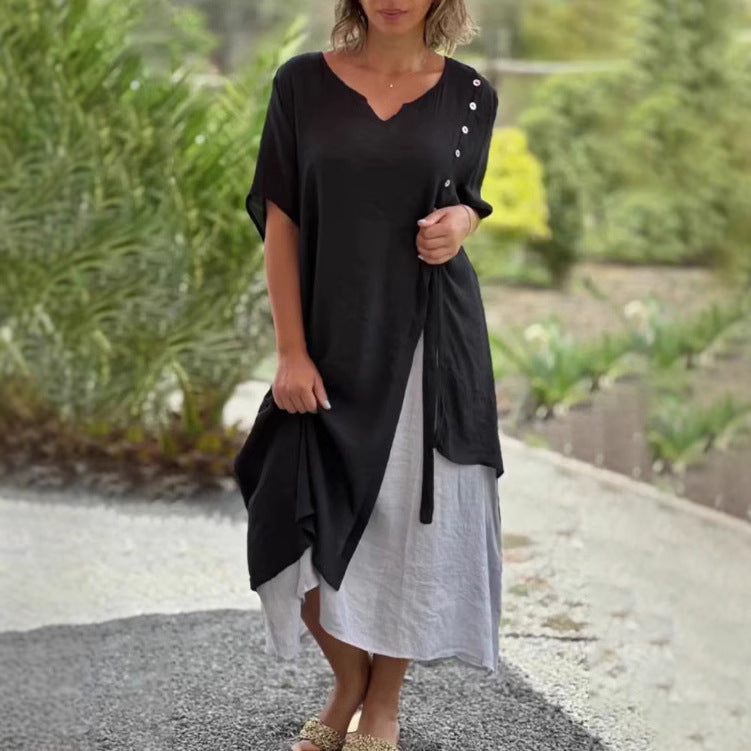 Damen nan zweilagiges Hemdkleid mit asymmetrischem Lagenrock, seitlicher Zierknopfleiste und Tunnelzug Drune
