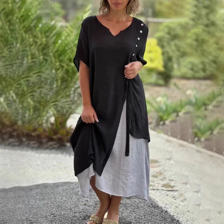 Damen nan zweilagiges Hemdkleid mit asymmetrischem Lagenrock, seitlicher Zierknopfleiste und Tunnelzug Drune