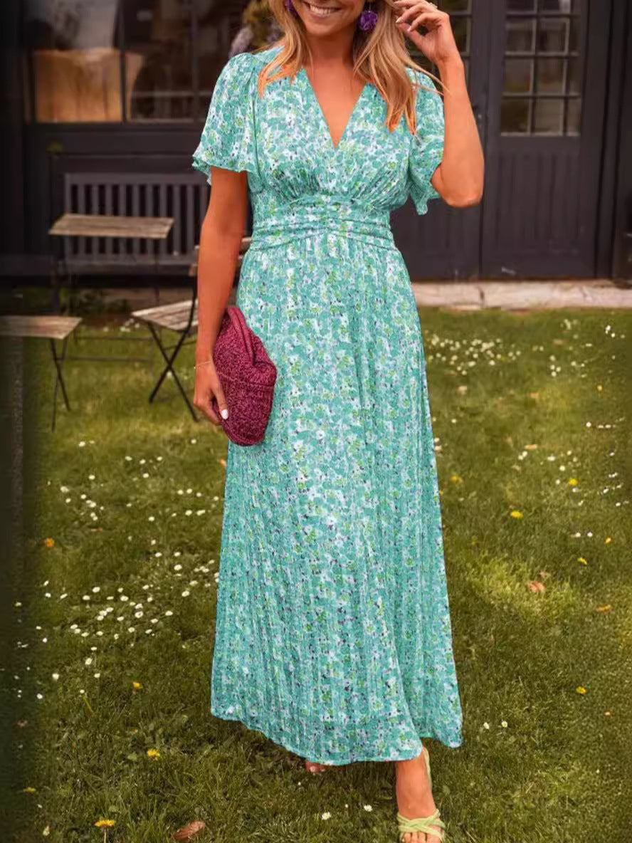 Damen Maxikleid mit floraler Raffung und V-Ausschnitt Drune