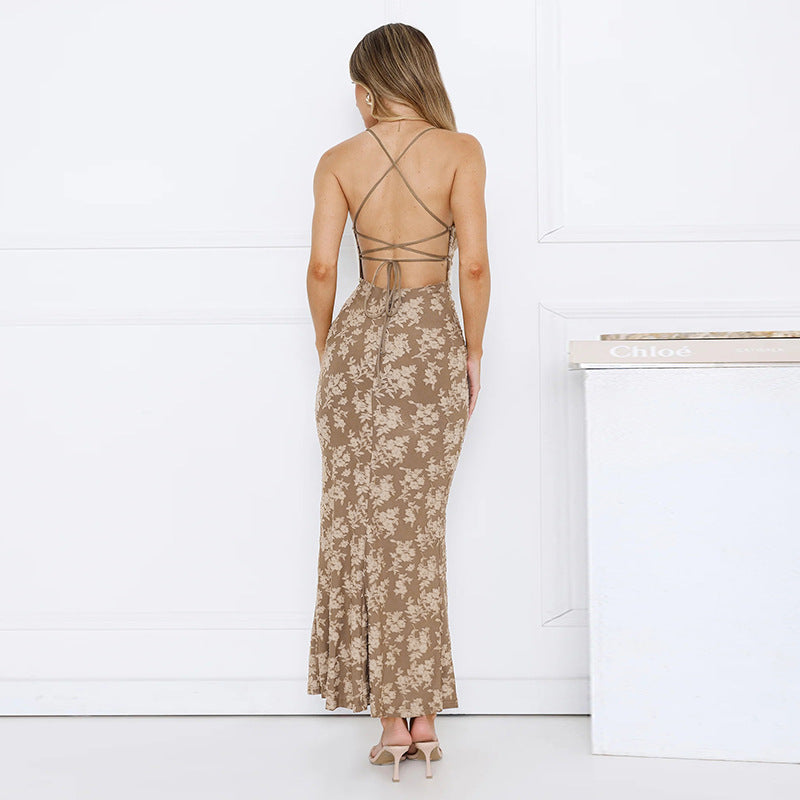 Damen figurbetontes Maxikleid mit floralem Muster und tiefem V-Ausschnitt Drune
