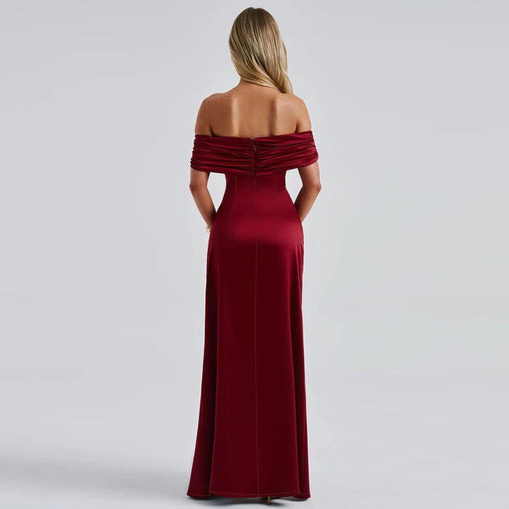 Damen schulterfreies Maxikleid mit eleganter Raffung und figurbetontem Schnitt Drune