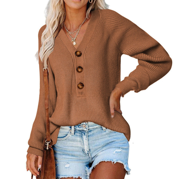 Damen Strickpullover mit tiefem V-Ausschnitt und großen Holzknöpfen Drune