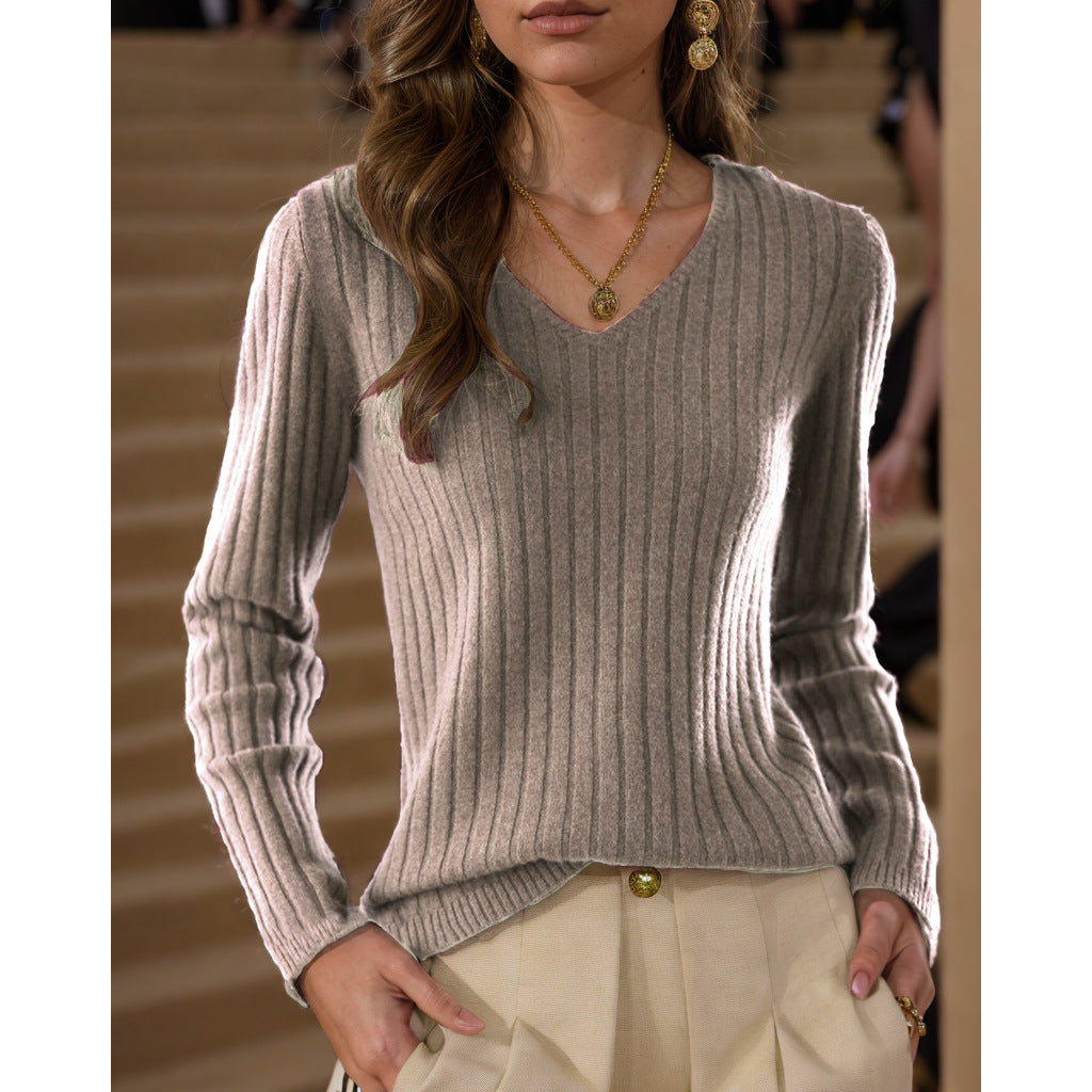 Damen Strickpullover mit V-Ausschnitt und feinem Rippenstrickdesign Drune