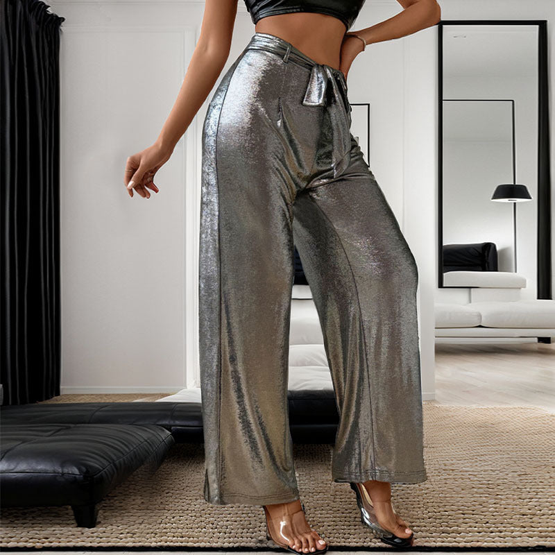 Damen glänzende Palazzo-Hose mit hohem Bund und dekorativem Bindegürtel Drune