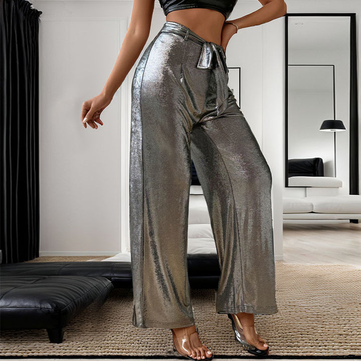 Damen glänzende Palazzo-Hose mit hohem Bund und dekorativem Bindegürtel Drune