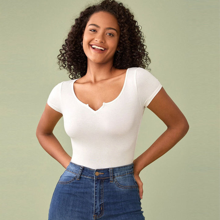 Damen figurbetontes T-Shirt mit tiefem V-Ausschnitt und kurzen Ärmeln Drune