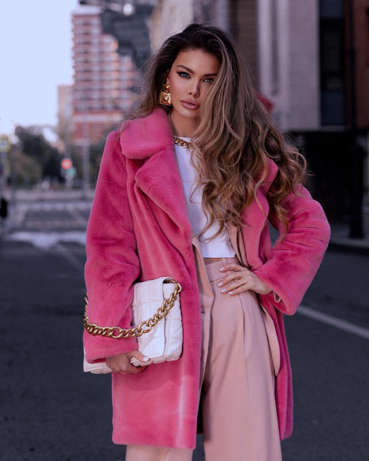 Damen Eleganter Kunstpelzmantel mit breitem Revers und weitem Schnitt Drune