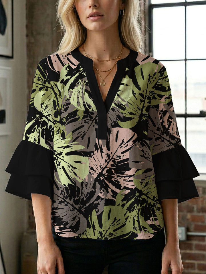 Damen Blusenshirt mit voluminösen Ärmeln und kreativem Druckdesign Drune