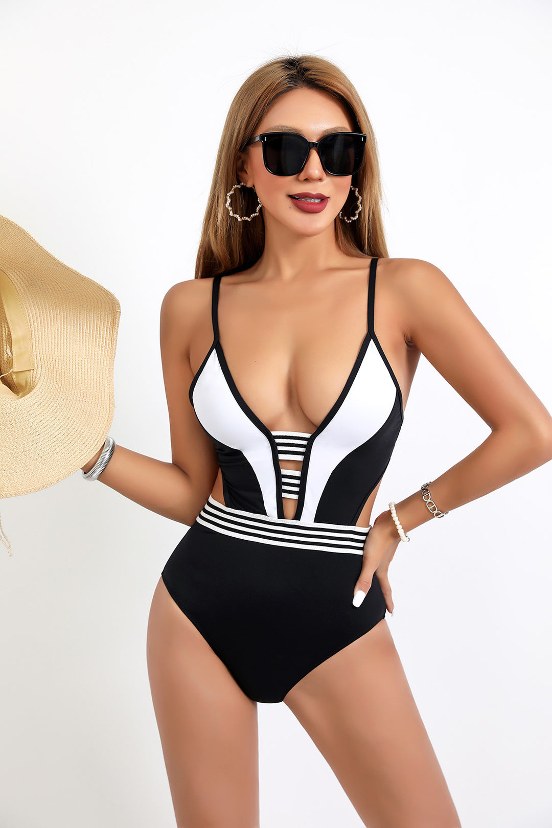 Damen Sportlicher Einteiler Badeanzug mit tiefem V-Ausschnitt und seitlichen Cut-Outs Drune