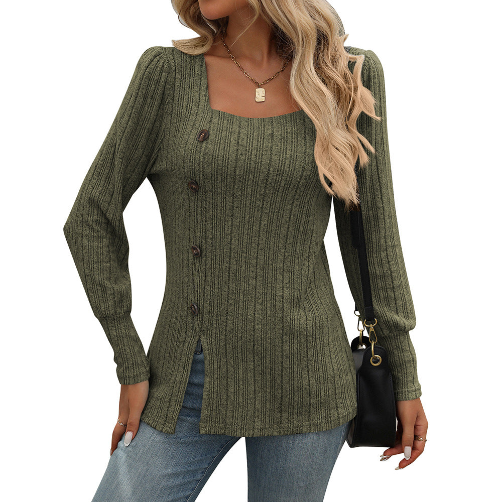 Damen Strickoberteil mit quadratischem Ausschnitt und Knopfdetails Drune