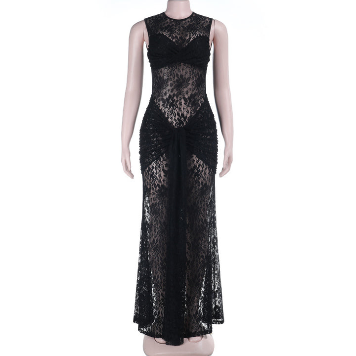 Damen verführerisches Spitzenkleid mit figurbetontem Schnitt und transparenten Einsätzen Drune