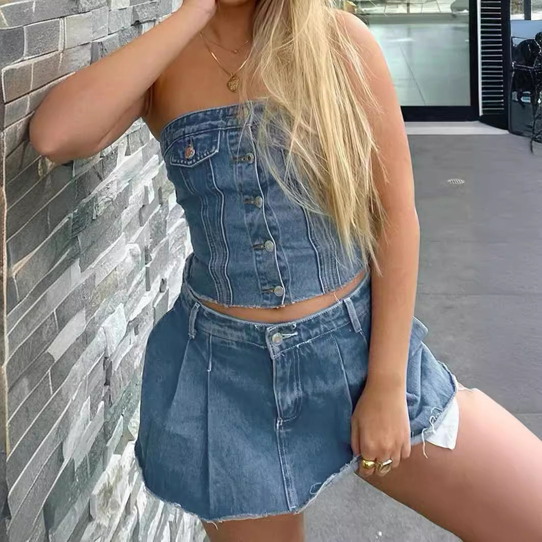 Damen Denim-Crop-Top mit gestricktem Überwurf Drune