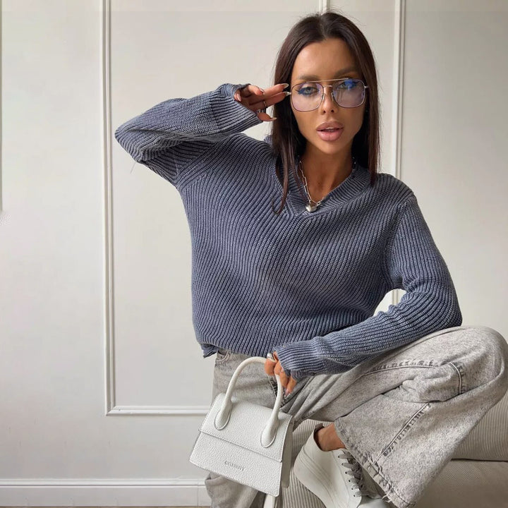 Damen Grobstrickpullover mit trendigem V-Ausschnitt und distressed Elementen Drune