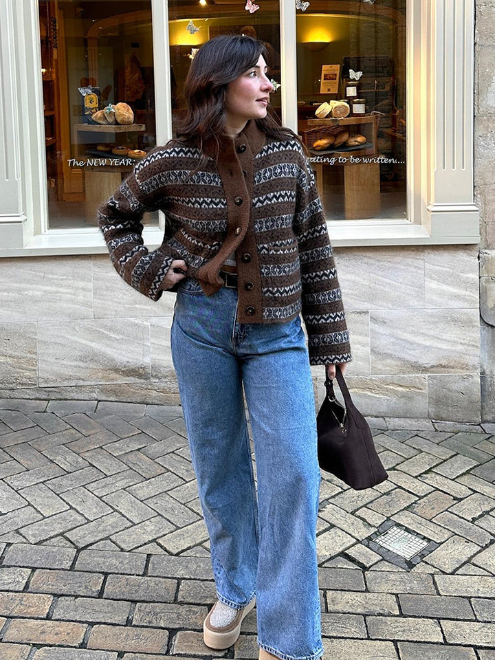 Damen Jacquard Strickjacke mit Knopfleiste und modischem Muster Drune