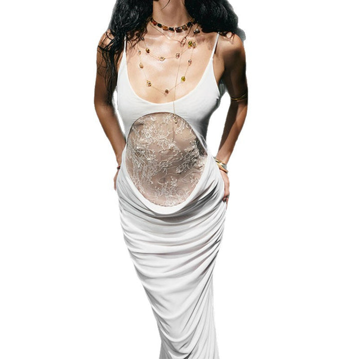Damen Elegantes langes Kleid mit transparentem Spitzenbesatz und raffinierten Drapierungen Drune
