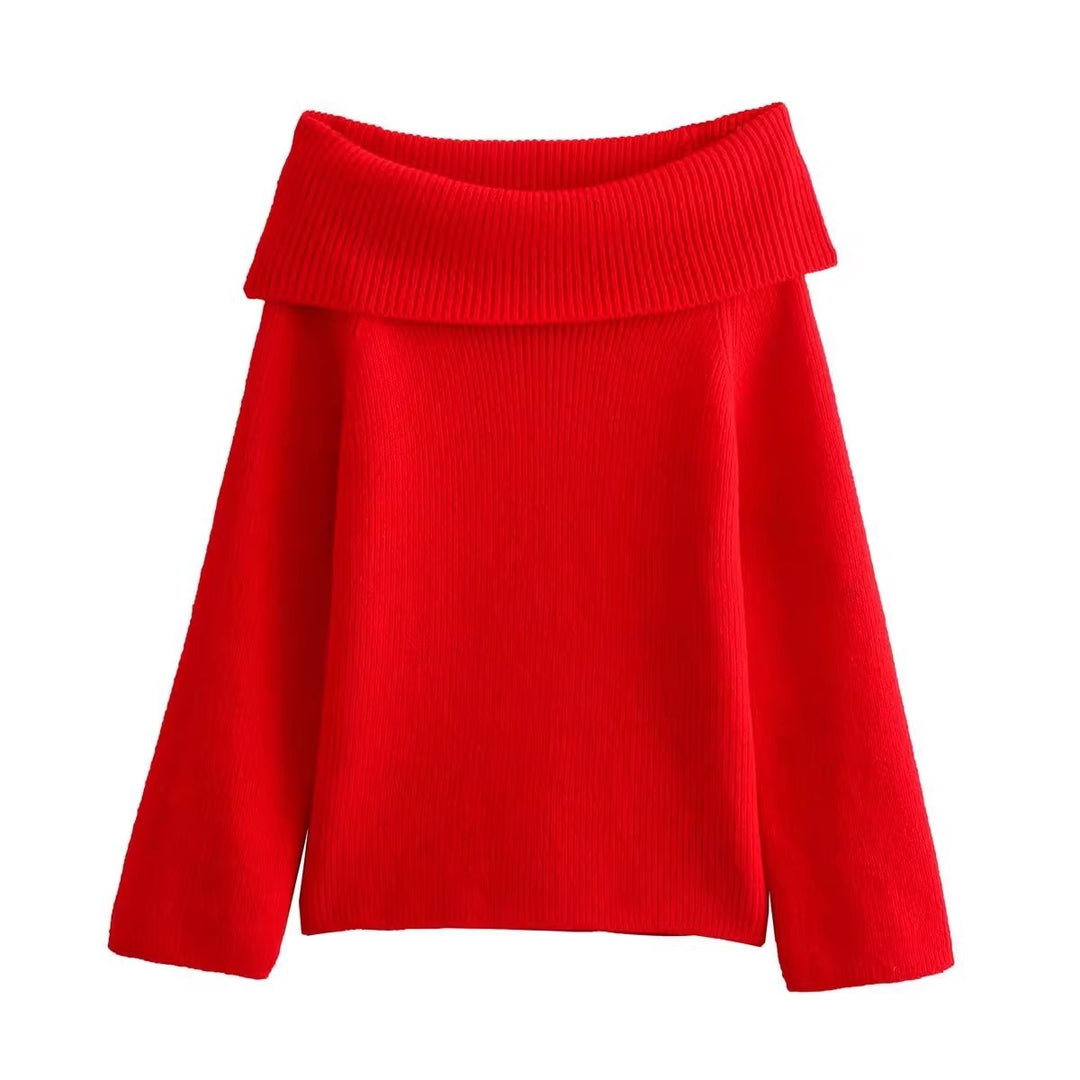 Damen eleganter, hochgeschlossener Strickpullover mit weitem Kragen Drune
