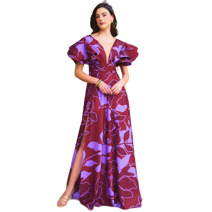 Damen Maxi-Kleid mit voluminösen Puffärmeln und elegantem Schlitz Drune