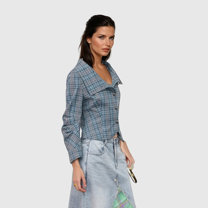 Damen Karierte Kurzjacke mit stilvollen Knöpfen Drune