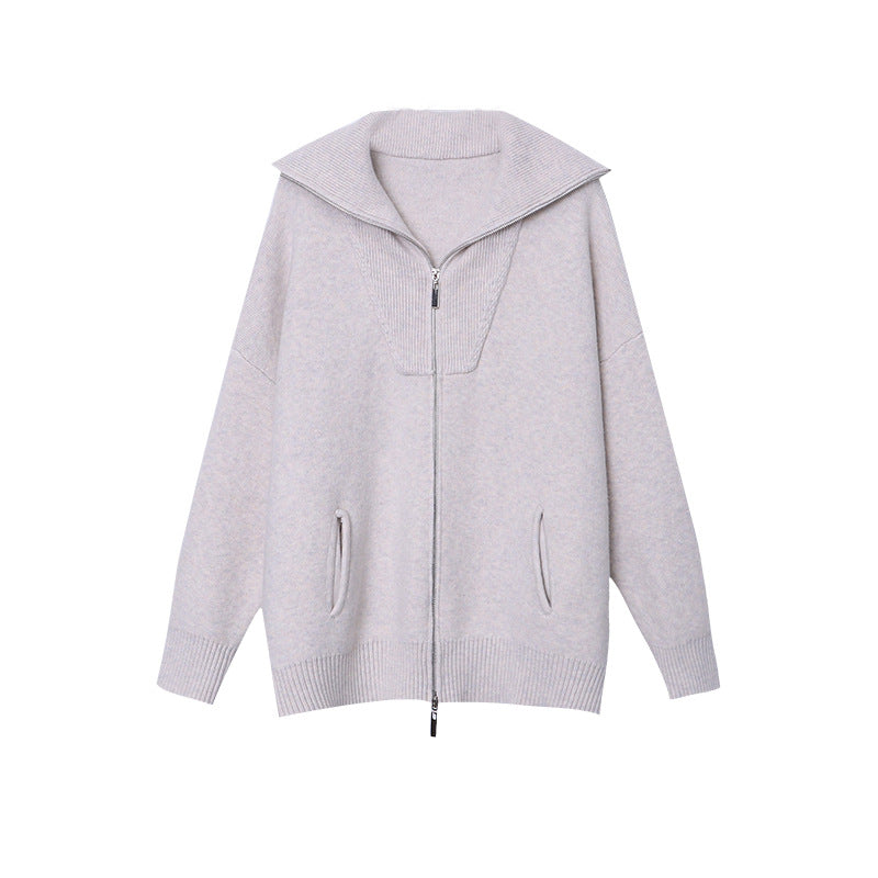 Damen lässige Zip-Up Strickjacke mit hohem Kragen und seitlichen Taschen Drune