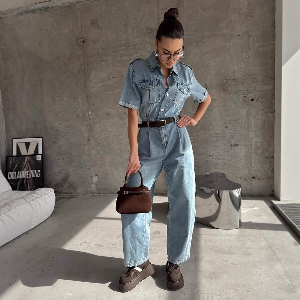 Damen Jeanshemd Jumpsuit mit modischem Schnitt und praktischen Taschen Drune