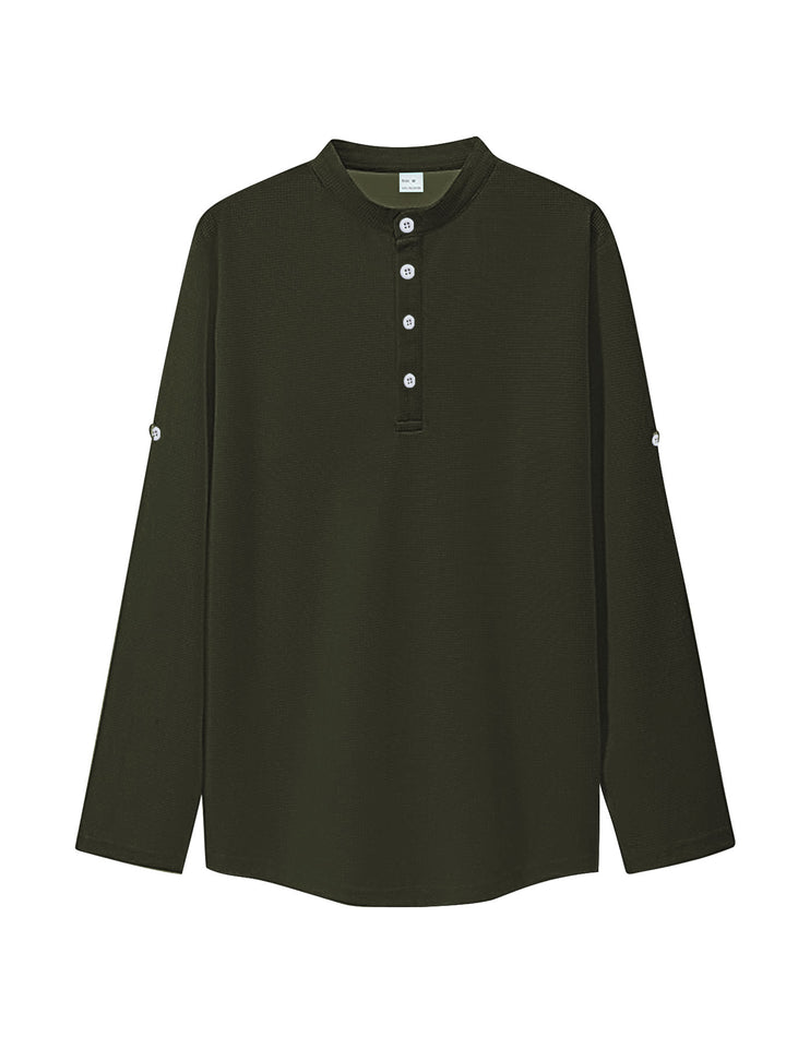 Damen nan oversized Langarm-Henley mit Stehkragen Waffelstruktur und Ärmelsicherung Drune