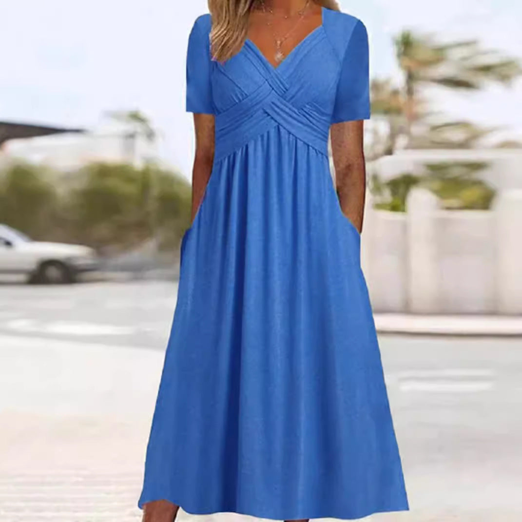 Damen nan fließendes Maxikleid mit gekreuzter Passe V-Ausschnitt Kurzarm und Eingrifftaschen Drune