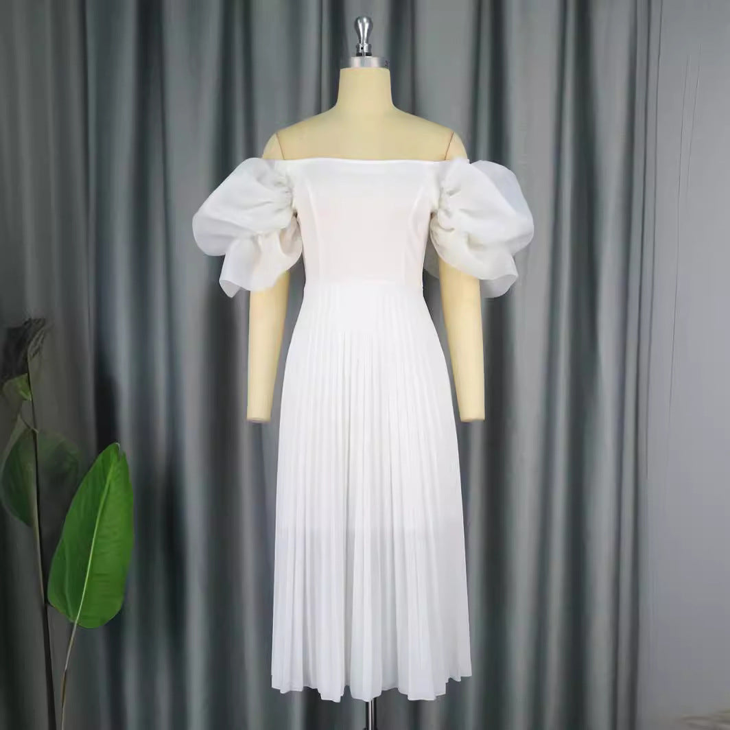 Damen elegantes Midikleid mit Puffärmeln und plissiertem Rock Drune