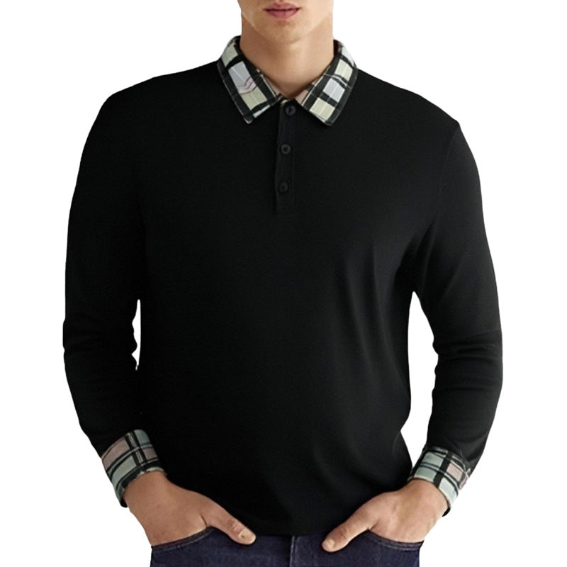 Herren nan figurbetontes Langarm-Poloshirt mit karierter Kragen- und Manschettenbesatz Drune
