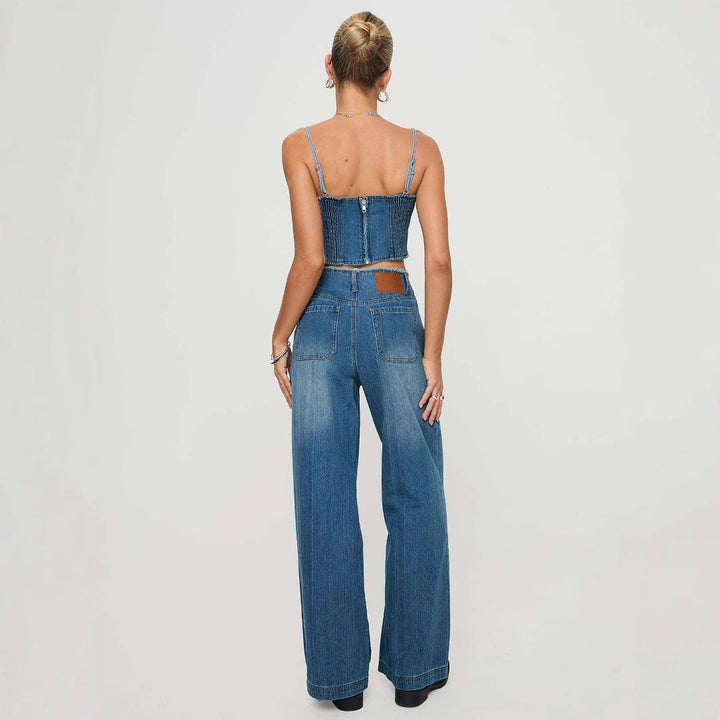 Damen weite Denim-Jeans mit hohem Bund und fransigem Saum Drune
