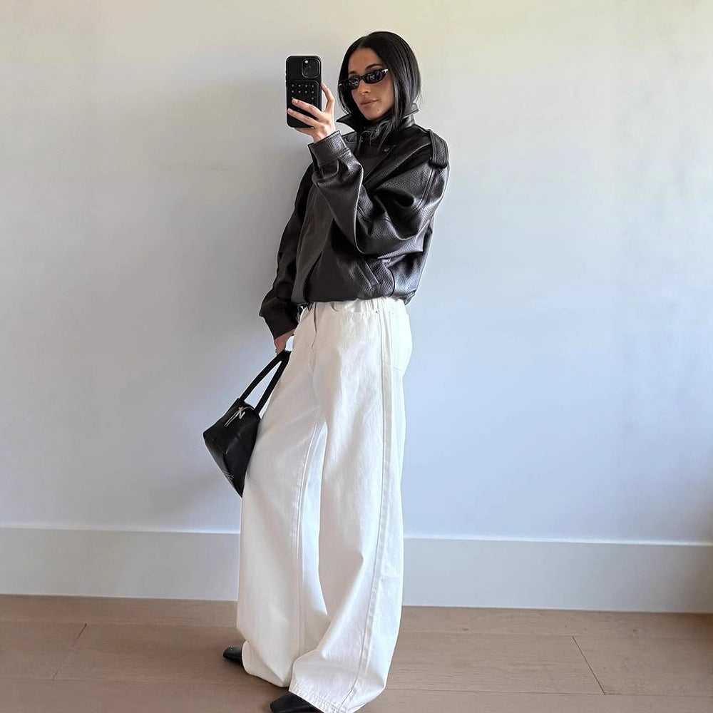 Damen Oversized Kunstlederjacke mit hohem Kragen und voluminösen Ärmeln Drune