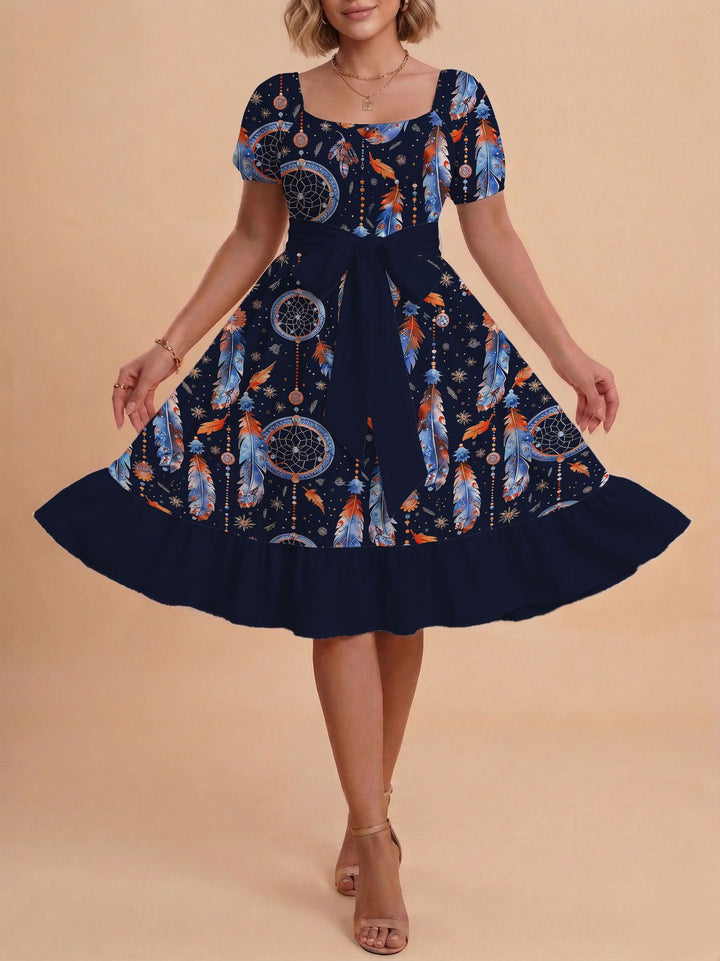 Damen Midikleid mit verspieltem Druck und tailliertem Schnitt Drune