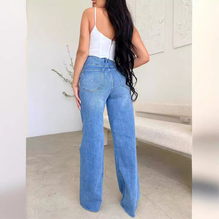 Damen Weit geschnittene Jeans mit distressed Details und hohem Bund Drune